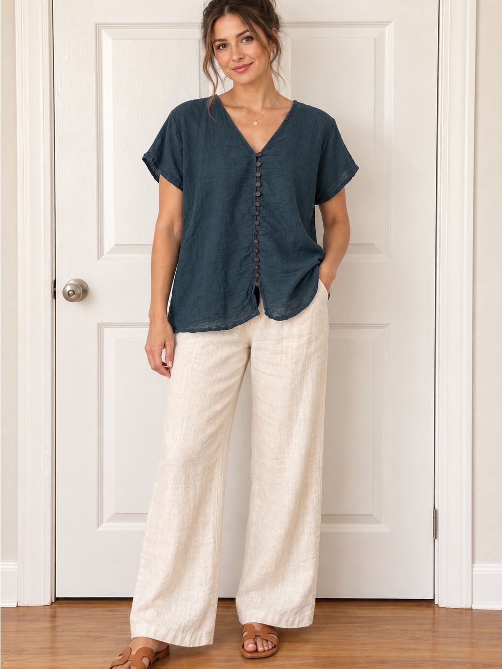 Title: Teal 100% Cotton Gauze Button-Front Blouse